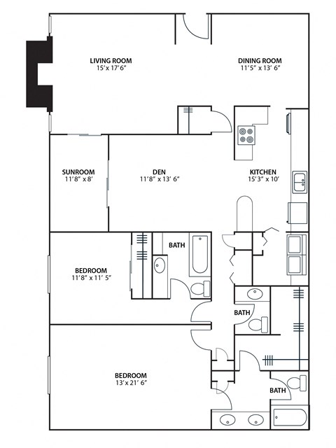 Floor plan for 2 beds, 2.5 baths, 1900 sqft